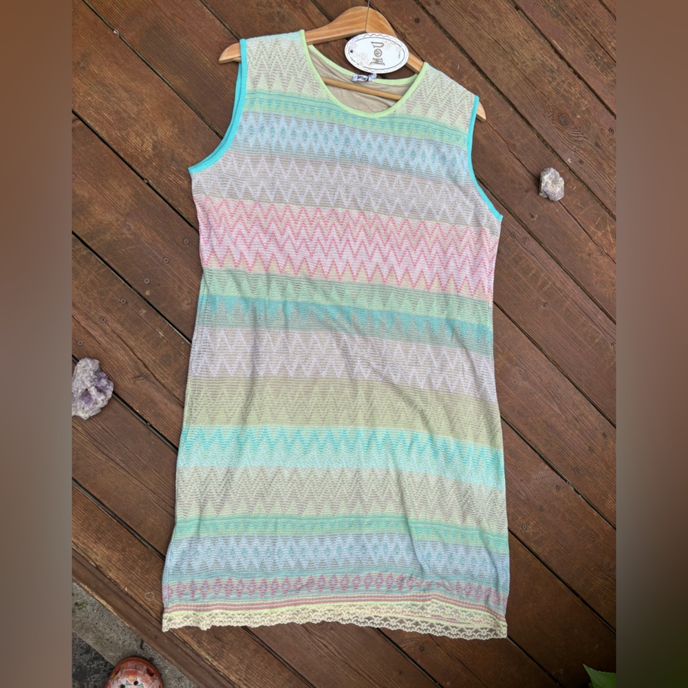 Beige and Multicolor Knit Dress, Italian made Summer dress, classic sleeveless